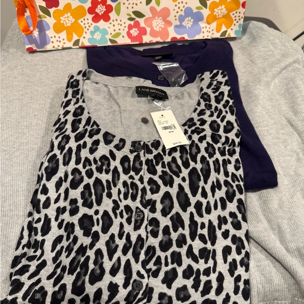 New Lane Bryant Gray/Black Leopard Print Button Cardigan & Purple Cardigan